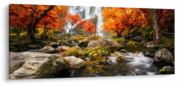 Obraz - Vodopády v jesennej krajine, oranžový (120x50 cm)