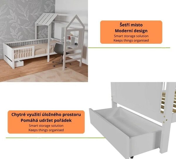 Biela detská posteľ domček s úložným priestorom a stolom