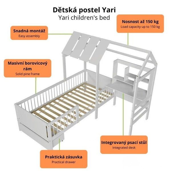 Biela detská posteľ domček s úložným priestorom a stolom