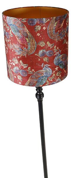 Stojaca lampa čierna s červeným tienidlom s pávím vzorom 40 cm - Classico