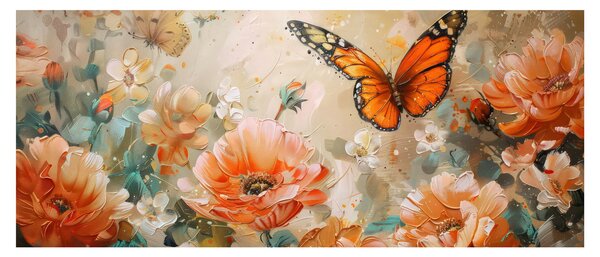 Obraz - Motýľ a kvety, olejomaľba (120x50 cm)