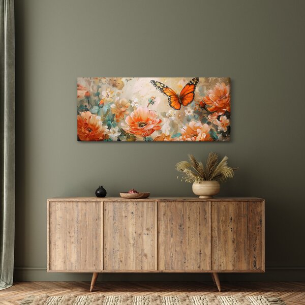 Obraz - Motýľ a kvety, olejomaľba (120x50 cm)
