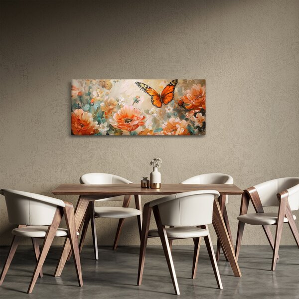 Obraz - Motýľ a kvety, olejomaľba (120x50 cm)