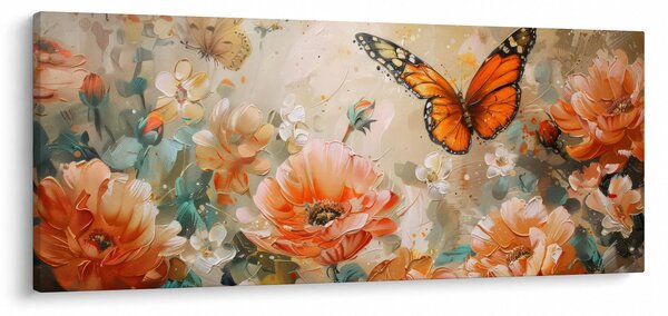 Obraz - Motýľ a kvety, olejomaľba (120x50 cm)
