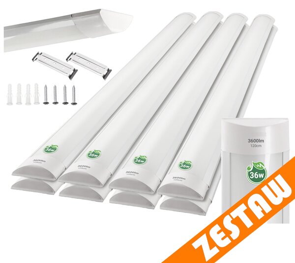 BERGE Sada 4 x povrchovo montovateľných LED svietidiel 36W 120cm fluorescenčný panel pre garážovú dielňu