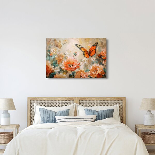 Obraz - Motýľ a kvety, olejomaľba (90x60 cm)