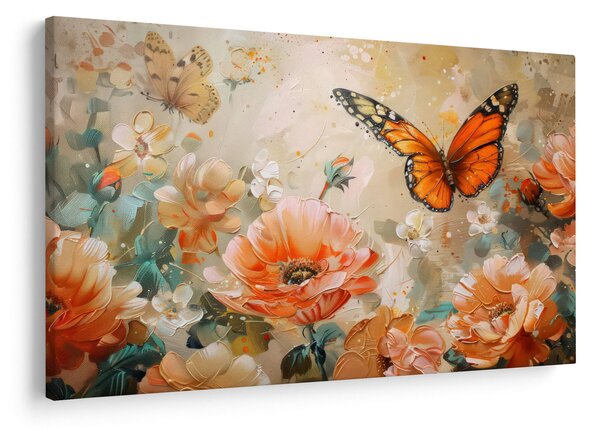 Obraz - Motýľ a kvety, olejomaľba (90x60 cm)
