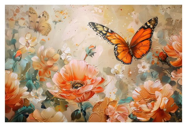 Obraz - Motýľ a kvety, olejomaľba (90x60 cm)