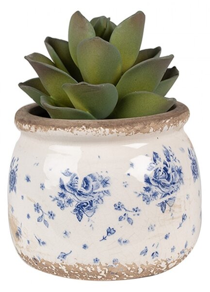 Béžový keramický obal na kvetináč s modrými ružami Blue Rose - Ø 12*10 cm - Clayre & Eef