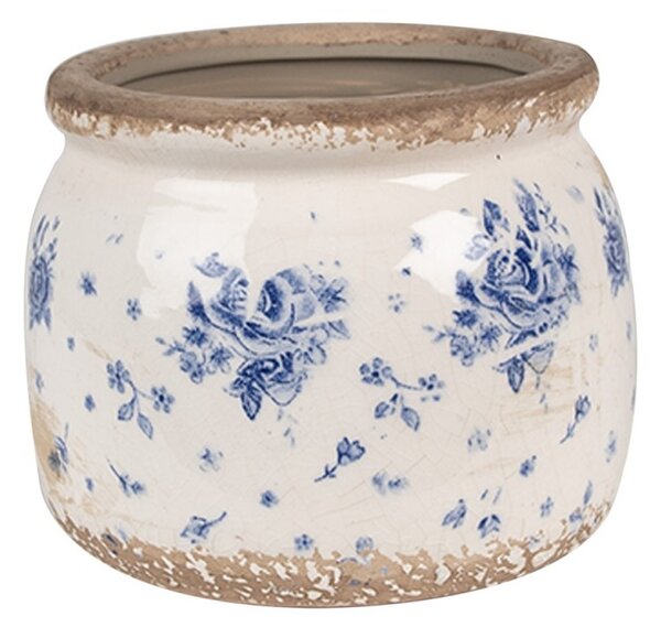 Béžový keramický obal na kvetináč s modrými ružami Blue Rose - Ø 12*10 cm - Clayre & Eef