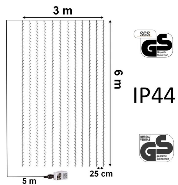 VOLTRONIC svetelný záves 3 x 6 m, 12 prameňov, farebný