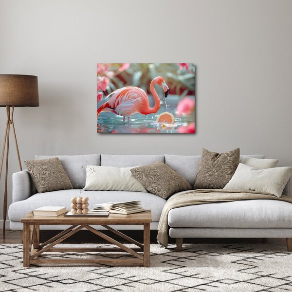 Obraz - Plameniak v jazierku (70x50 cm)