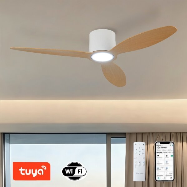 ZEVENTI - LED stropný ventilátor VENTORA LED/24W/230V Wi-Fi Tuya biela/dub + diaľkový ovládač
