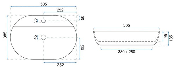 Rea Aura 51, umývadlo na dosku 505x385x135 mm, biela matná, REA-U7340