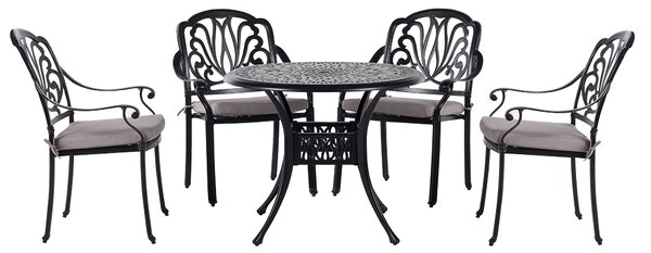Záhradná jedálenská súprava Čierna hliníková exteriérový stôl 4 stoličky Polyesterové sedáky vintage štýl