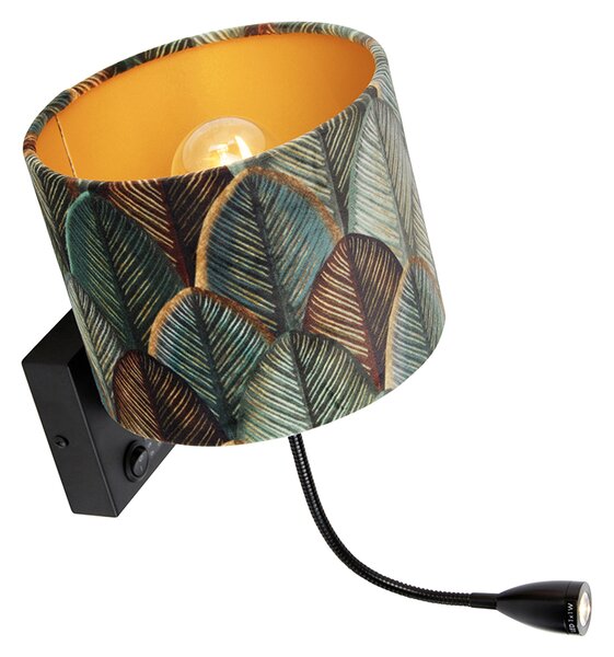 Nástenná lampa čierna s zamatovým tienidlom s dizajnom listu a zlatým vnútorným priestorom - Brescia Combi