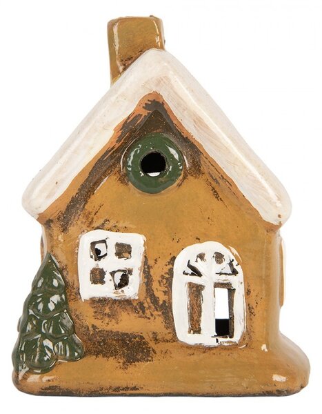 Hnedý keramický svietnik na čajovú sviečku domček Village - 9*7*11 cm - Clayre & Eef