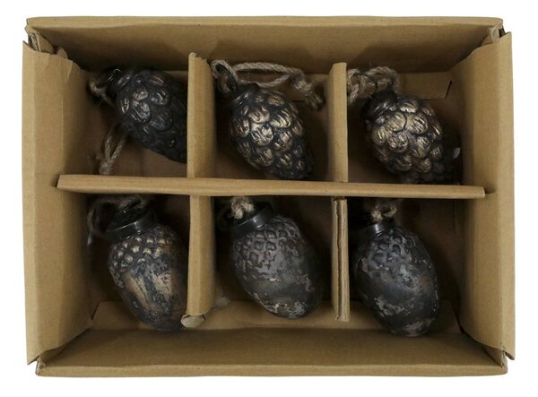 6ks mocca antik sklenená vianočná ozdoba šiška a žaluď - Ø 3,5*5,5 cm - Chic Antique