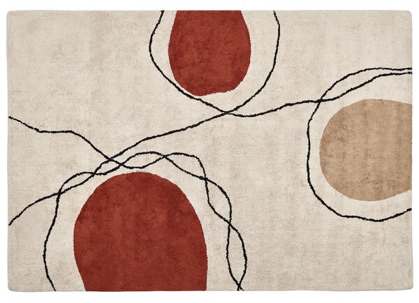 Bavlnený koberec béžový a červený 160 x 230 cm abstraktný vzor strapce nízky vlas moderný dizajn