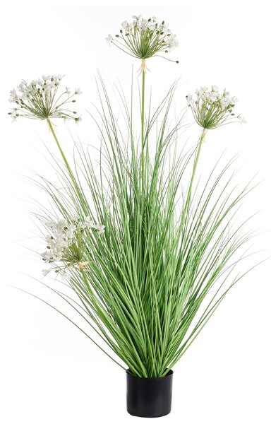 Umelá rastlina v kvetináči zelená čierna s bielymi kvetmi okrasný cesnak tráva 120 cm dekoratívny doplnok do interiéru