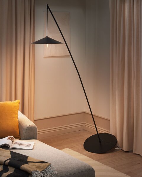 Stojaca lampa čierna kovová okrúhly podstavec kužeľové tienidlo naklápacia LED okolité osvetlenie moderný štýl obývačka