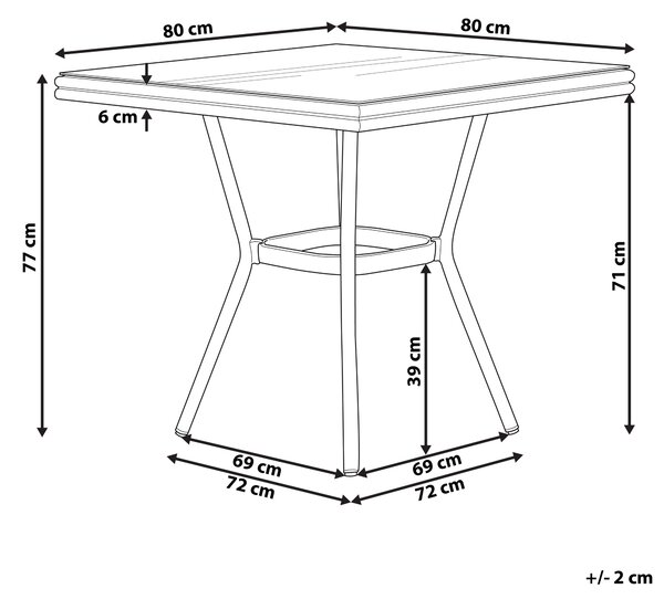 Záhradný stôl modrá biela svetlohnedý umelý ratan 80 x 80 cm sklenená doska štvorcový hliníkový rám pre 4 moderný štýl interiér exteriér