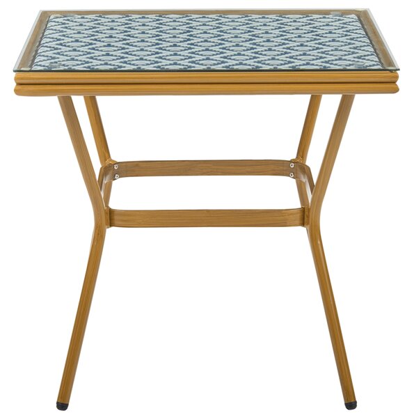 Záhradný stôl modrá biela svetlohnedý umelý ratan 80 x 80 cm sklenená doska štvorcový hliníkový rám pre 4 moderný štýl interiér exteriér