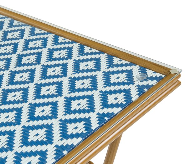 Záhradný stôl modrá biela svetlohnedý umelý ratan 80 x 80 cm sklenená doska štvorcový hliníkový rám pre 4 moderný štýl interiér exteriér