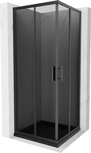 Mexen Rio, štvorcový sprchovací kút 80(dvere)x80(dvere)x190 cm, 5mm šedé sklo, čierny profil + čierna sprchová vanička SLIM, 860-080-080-70-40-4070B