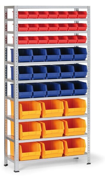 Regál s plastovými boxmi BASIC, 1730 x 850 x 300 mm, 21x box A + 15x box B + 9x box C