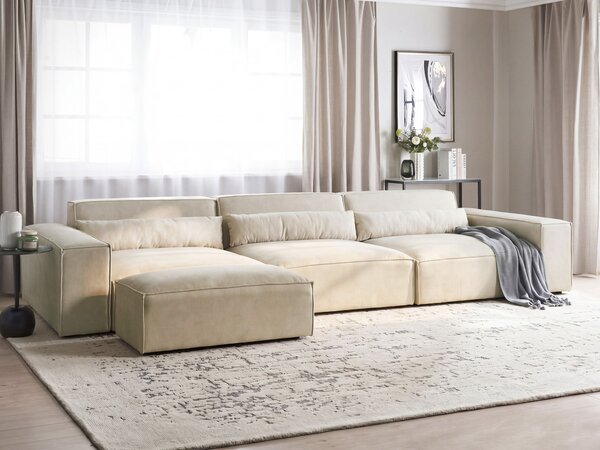 3-miestna modulárna pohovka s taburetom béžová zamatové čalúnenie nohy zo syntetického materiálu minimalistický moderný štýl