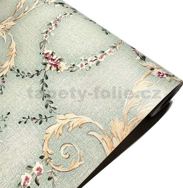 Samolepiace tapety 45 cm x 10 m IMPOL TRADE 9005, ružičky s ornamentami na zelenom podklade, Samolepiace tapety