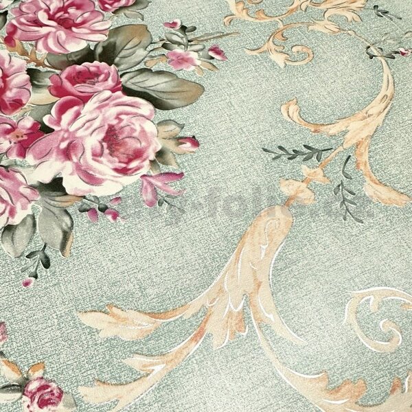 Samolepiace tapety 45 cm x 10 m IMPOL TRADE 9005, ružičky s ornamentami na zelenom podklade, Samolepiace tapety