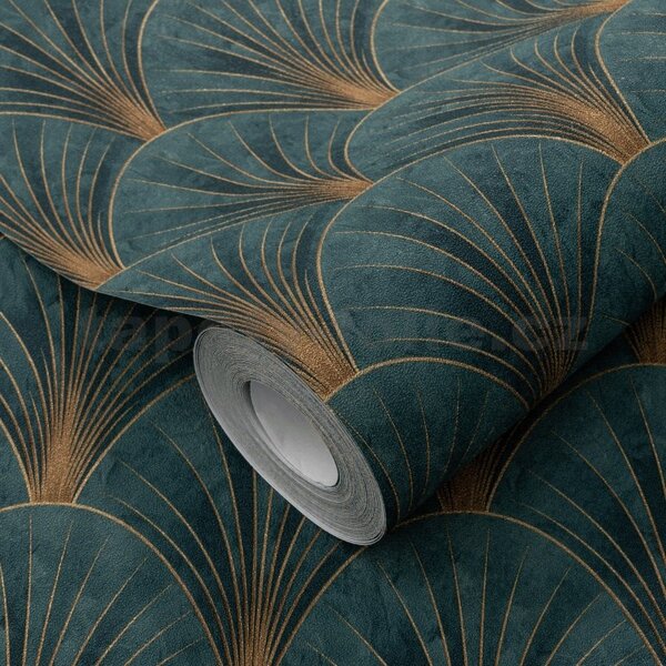 Vliesové tapety na stenu ELLE DECORATION 4 10451-19, rozmer 10,05 m x 0,53 m, art-deco zlaté na zelenom podklade, Erismann