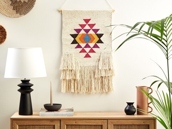 Nástenná dekorácia béžová viacfarebná bavlna borovicové drevo pletená ručná výroba so strapcami makramé boho štýl doplnky dekorácie