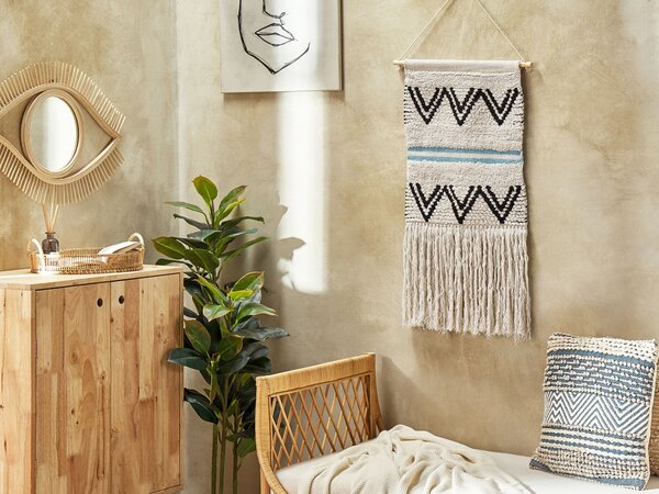 Nástenná dekorácia čierna béžová modrá bavlna eukalyptové drevo pletená ručná výroba so strapcami makramé boho štýl doplnky dekorácie