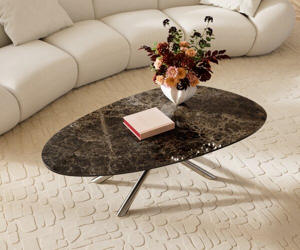 DELIFE Konferenčný stolík Edge oválny 140x75 cm keramika Laminam® Emperador Extra Lucidato tmavohnedá Sarity nerezová oceľ kefovaná