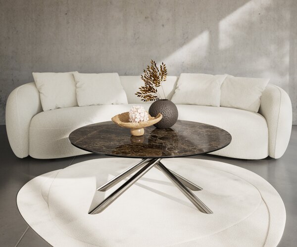 DELIFE Konferenčný stolík Edge okrúhly 100x100 cm keramika Laminam® Emperador Extra Lucidato tmavohnedá Sarity nerezová oceľ kefovaná