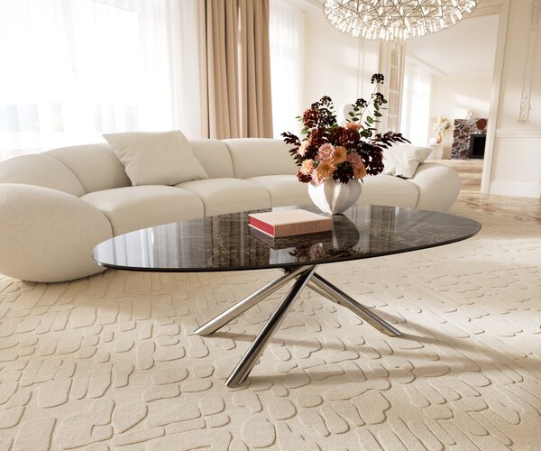 DELIFE Konferenčný stolík Edge oválny 140x75 cm keramika Laminam® Emperador Extra Lucidato tmavohnedá Sarity nerezová oceľ kefovaná