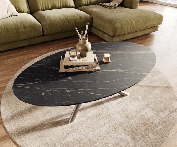 DELIFE Konferenčný stolík Edge oválny 140x80 cm keramika Laminam® Noir Desir hnedá nerezová oceľ kefovaná