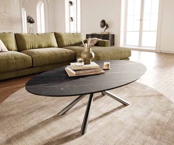 DELIFE Konferenčný stolík Edge oválny 140x80 cm keramika Laminam® Noir Desir hnedá nerezová oceľ kefovaná