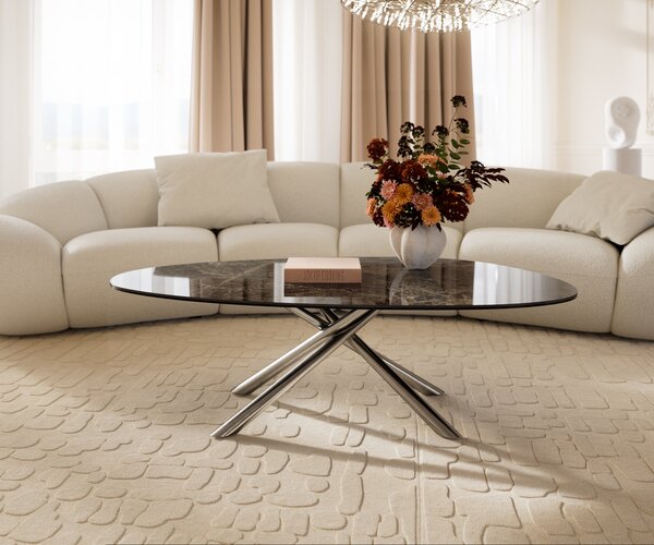 DELIFE Konferenčný stolík Edge oválny 140x75 cm keramika Laminam® Emperador Extra Lucidato tmavohnedá Sarity nerezová oceľ kefovaná