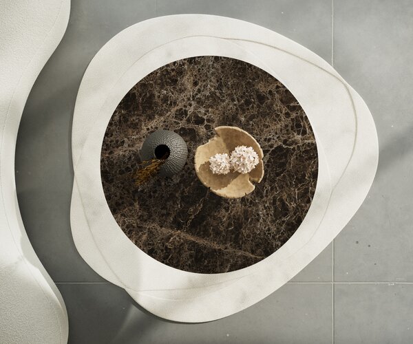 DELIFE Konferenčný stolík Edge okrúhly 100x100 cm keramika Laminam® Emperador Extra Lucidato tmavohnedá Trive kov čierna