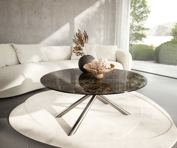 DELIFE Konferenčný stolík Edge okrúhly 100x100 cm keramika Laminam® Emperador Extra Lucidato tmavohnedá Sarity nerezová oceľ kefovaná