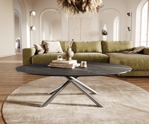 DELIFE Konferenčný stolík Edge oválny 140x80 cm keramika Laminam® Noir Desir hnedá nerezová oceľ kefovaná