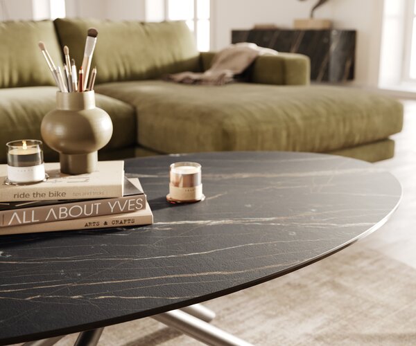 DELIFE Konferenčný stolík Edge oválny 140x80 cm keramika Laminam® Noir Desir hnedá nerezová oceľ kefovaná