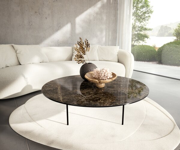 DELIFE Konferenčný stolík Edge okrúhly 100x100 cm keramika Laminam® Emperador Extra Lucidato tmavohnedá Trive kov čierna
