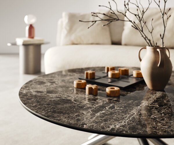 DELIFE Konferenčný stolík Edge okrúhly 90x90 cm keramika Laminam® Emperador Extra Lucidato tmavohnedá Sarity nerezová oceľ kefovaná