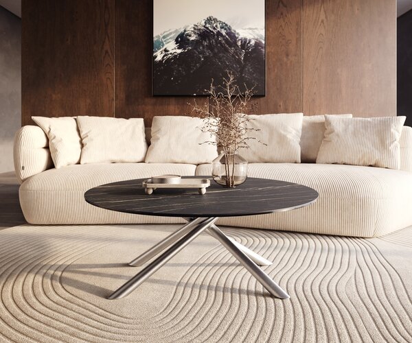 DELIFE Konferenčný stolík Edge okrúhly 100x100 cm keramika Laminam® Noir Desir hnedá nerezová oceľ kefovaná