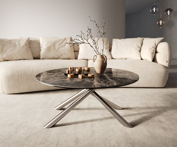 DELIFE Konferenčný stolík Edge okrúhly 90x90 cm keramika Laminam® Emperador Extra Lucidato tmavohnedá Sarity nerezová oceľ kefovaná